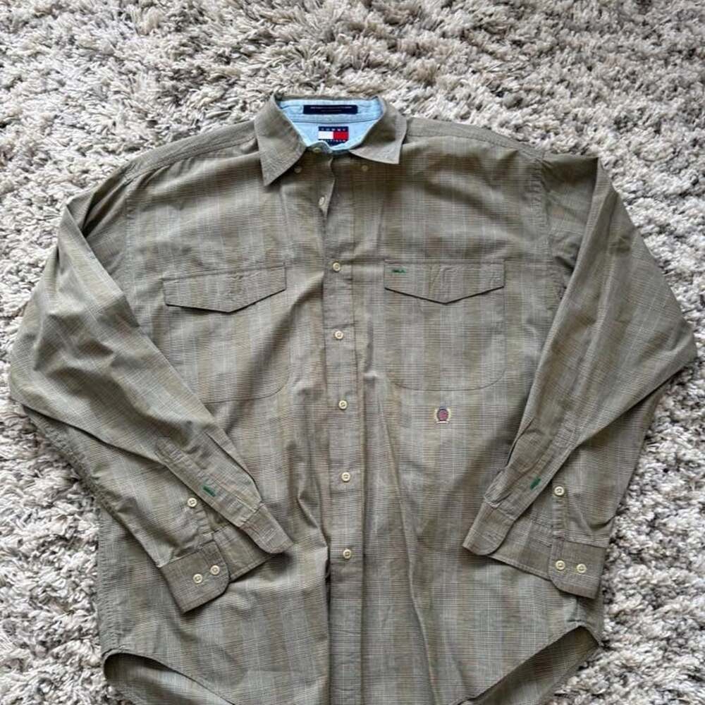 Tommy Hilfiger Plaid Button Up Shirt Size L Green Brown Cotton